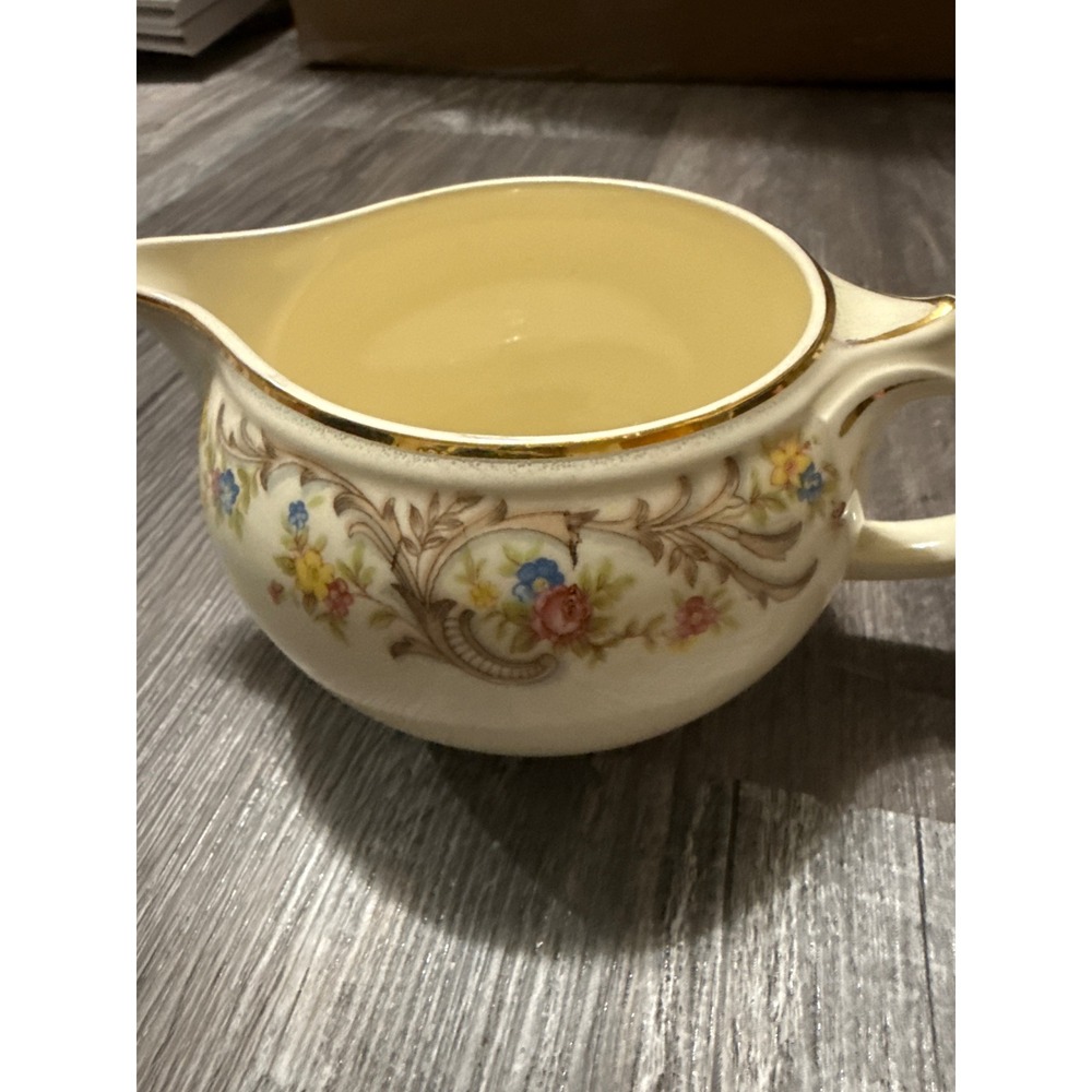 Vintage Taylor Smith Taylor 1631 Floral Creamer Pitcher Gold Trim USA Ceramic